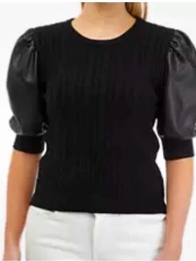 Philosophy Black Cable-Knit Sweater with Faux Leather Puff Sleeves